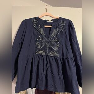 Lucky Brand Navy Embroidered Top